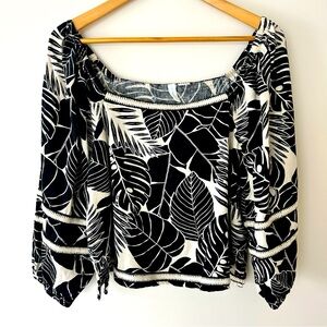 Cynthia Rowley Linen Women’s Blouse Tropical Print Black and White